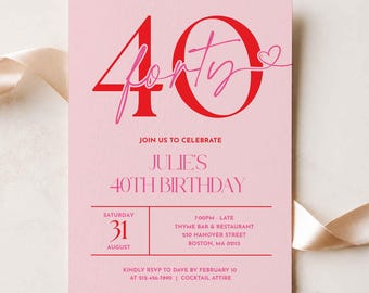 Pink 40th Birthday Invitation Women, Scalloped 40th Party Invite (Editable Canva Template, Digital Download