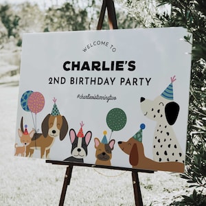 Panneau de bienvenue de paysage d&#39;anniversaire de chien modifiable, panneau de bienvenue de chiot Pawty, affiche d&#39;anniversaire de chien, affiche de chien, imprimable, téléchargement immédiat, chienchien