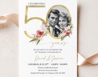 Aangepaste uitnodiging 50e gouden jubileum met foto (bewerkbare canva-sjabloon, digitale download)