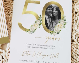 50th Wedding Anniversary Invitations Digital, 50th Anniversary Invitation Roses, Wedding Anniversary Invitation with Photo, Greenery Gold