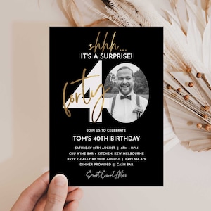40th birthday surprise invitation for men, 40th Invite with photo, Black and Gold 40th Invitation, Male 40th Invites Editable