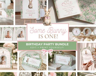 Some Bunny is One Bundle: Rabbit 1st Birthday Party Theme, Editable Canva Templates (Digital Download)