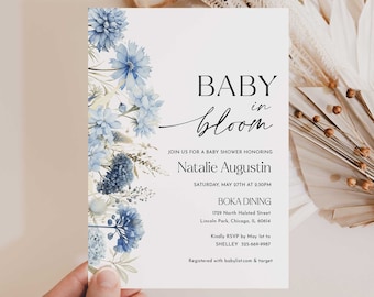 Dusty Blue Baby In Bloom Invite Baby In Bloom Invitation, Wildflower Baby Shower invitation, Blue Floral Baby shower, Digital Baby Shower