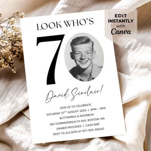 Bewerkbare 70e verjaardagsuitnodiging, Look Who's 70, Canva-sjabloon (digitale download)