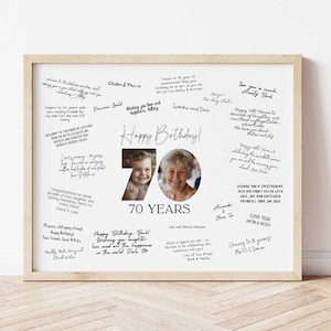Panneau de signature pour 70e anniversaire imprimable, signe minimal de photo de 70e anniversaire, 70e plaque de bienvenue, livre d'or, affiche d'autographes