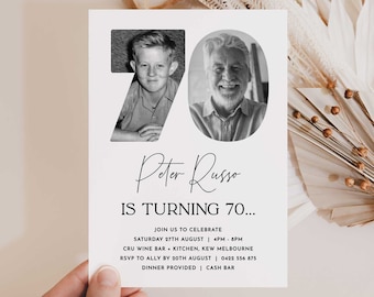 70th Invitation with photo, Look Who&#39;s 70, 70th Birthday Invitation Template, Simple 70th Invitation, Male 70th Invites, Editable, Printable