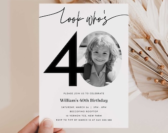 Male 40th Birthday Invitation Template, Look Who's 40, Photo 40th Birthday Invite, Editable Template, Any Age, Black and White 40th Birthday