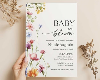 Invitación Baby In Bloom, invitación a Baby Shower con flores silvestres, baby shower floral de primavera y verano, plantilla de invitación a Baby Shower digital