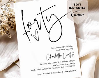 Minimalist Handwritten 40th Birthday Invitation (Editable Canva Template Instant Download)