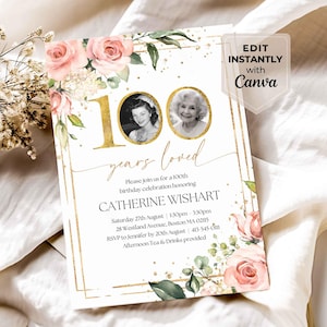 写真付き100年愛された招待状、女性のための花柄100歳の誕生日招待状、花柄100歳の誕生日招待状テンプレート