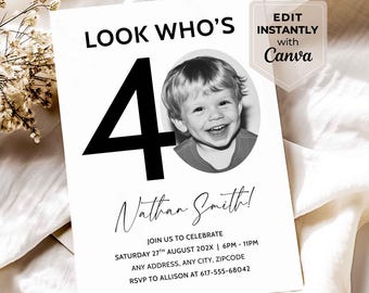 40th Invitation with photo, Look Who's 40, 40th Birthday Canva Template, Male 40th Invite, Digital Download