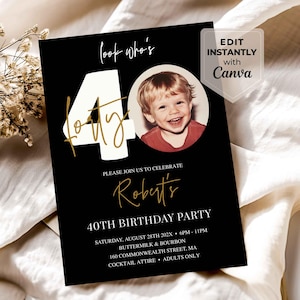 40th Birthday Invites Male, 40th Invitation with photo, Black Gold 40th Birthday Invitation Template, Editable Birthday Party Invite for Him
