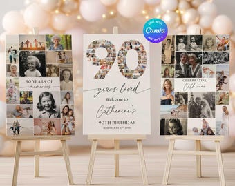 May include: Three white signs on wooden easels. The signs feature photo collages and text celebrating a 90th birthday. The text includes "90 years of memories", "90 years loved", and "Celebrating Catherine". The background includes balloons.