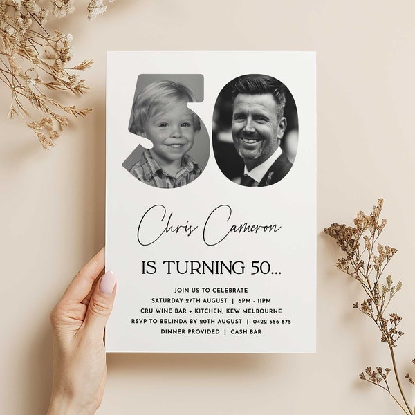 Printable 50th Birthday Invitation with photo, Look Who's 50, 50th Invitation Template, Simple 50th Invitation, Male 50th Invites, Editable