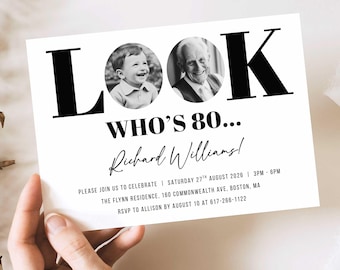 Men's 80th Birthday Invitation with Photo, Look Who's 80 (Canva Editable Template)