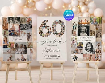May include: Three white signs on wooden easels, each featuring a collage of photos. The center sign reads "60 years loved" and "Catherine's 60th Birthday." The number 60 is filled with photos. The signs are for a 60th birthday celebration.
