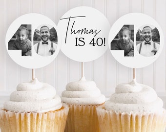 Custom Face Photo Cupcake Topper for 40th Birthday, Editable Canva Template (Digital Download)
