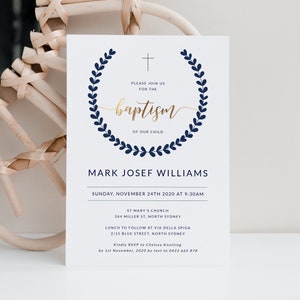 Baptism Invitation Template Boy Navy and Gold, Editable Baptism Invitations Boy, Baptism Invitations, Christening Invitations, Templett #401