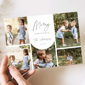 Cartolina di buon Natale MODIFICABILE con 5 foto, modello moderno per biglietto di Natale per famiglie con foto, semplice biglietto di Natale con più foto