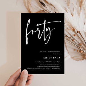 40th Birthday Invitation Template Black and White, Minimalist Adult Birthday Party Invites, Modern, Editable Text, Instant Download, for him