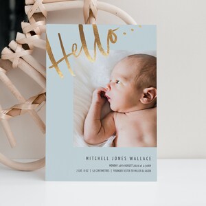 Modèle modifiable d'annonce de naissance Hello Boy en feuille d'or avec photo, modèle d'annonce de naissance 5x7 avec photo, annonce de naissance Hello