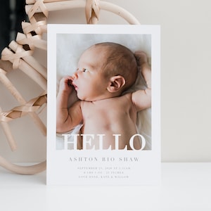 Minimal Birth Announcement Template Instant Download, 5x7 birth announcement template with photo,  HELLO Birth Announcement, TEMPLETT