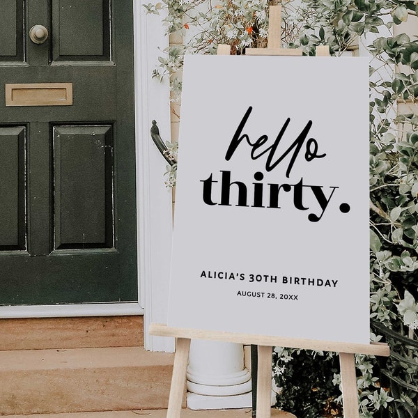 Minimalist HELLO THIRTY 30th Birthday Party Welcome Sign, Hello 30 Welcome Poster, Simple 30th Sign Editable Template, 30th Sign Printable