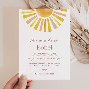 Sun Birthday Invitation, First Trip Around the Sun, Here comes the Sun 1st Birthday Invite, Sunshine Birthday, Welcome, Editable, Milestone