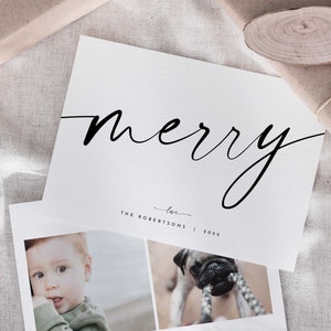 Minimalist Christmas Card No Photo, Simple Handwritten Christmas Card, Calligraphy Merry Christmas Card with Photos on Back