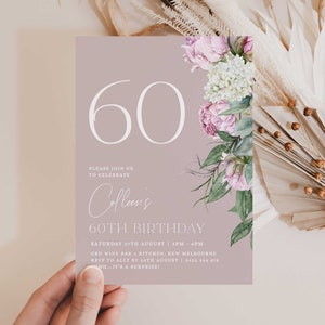 60th Birthday Invitation for Women, Feminine 60th Invitation, 60th Editable Invitation, INSTANT DOWNLOAD, Modern Floral 60th, Peonies, Peony