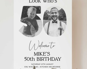 50th Birthday Welcome Signs for Men | Look Who's 50 Poster with Photo, Modern Birthday Decor, Celebration Decoration