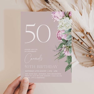 50. Geburtstagseinladung für Frauen, feminine 50. Einladung, 50. bearbeitbare Einladung, SOFORT-DOWNLOAD, modernes Blumen-50., Pfingstrosen, Pfingstrose