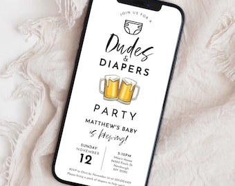 Fiesta de cerveza y pañales para baby shower, plantilla para baby shower, invitación electrónica para hombres y pañales, texto editable