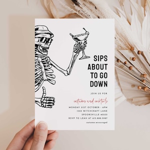 Uitnodiging voor cocktails en kostuums, volwassen uitnodiging voor Halloween-feest, slokjes op het punt om naar beneden te gaan, digitale download, sjabloon Instant Download