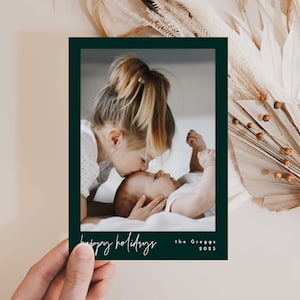MODIFICABILE BUONE VACANZE Foto Biglietto di auguri Verde, Modello moderno e minimalista per foto di famiglia di Natale, Biglietto di Natale scritto a mano Foto di famiglia