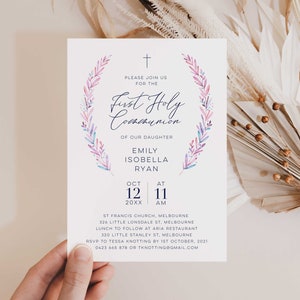 Holy Communion Invitation floral, First Holy Communion Invitation for Girl, First Communion Girl, Simple Communion Invitation Template