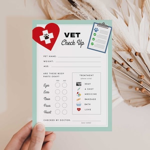 Vet Check Up Sheet, Pet Check Up Exam Sheet, Printable, Dog Birthday Party, Adopt A Pet, Puppy Adoption Party, Vet Check, Pet Hospital Form