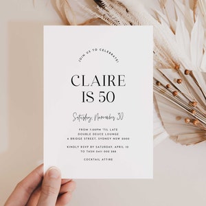 Minimalistische 50. Einladung, Moderne Minimale 50. Einladung Schwarz Weiß, 50. Geburtstag Einladung für Frauen, Einfache 50. Einladung Vorlage