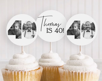 40th photo cupcake toppers, Look Who's 40 cupcake topper, 40th Birthday cake topper, 40th round tags, Male 40th Invites, Editable, Printable
