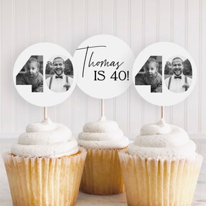 40th photo cupcake toppers, Look Who&#39;s 40 cupcake topper, 40th Birthday cake topper, 40th round tags, Male 40th Invites, Editable, Printable