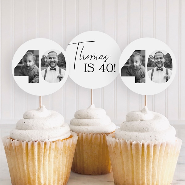40th photo cupcake toppers, Look Who's 40 cupcake topper, 40th Birthday cake topper, 40th round tags, Male 40th Invites, Editable, Printable