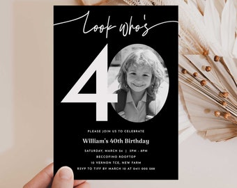 40th Birthday Invitation Template, Look Who's 40, Photo 40th Birthday Invite, Editable Template, Simple Photo Invite, Black  White 40th