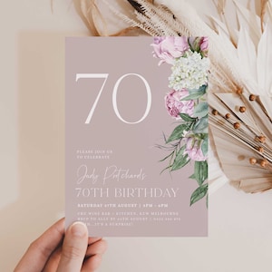 70e verjaardagsuitnodiging voor vrouwen, vrouwelijke 70e uitnodiging, 70e bewerkbare uitnodiging, INSTANT DOWNLOAD, moderne bloemen 70e, pioenrozen, pioenroos