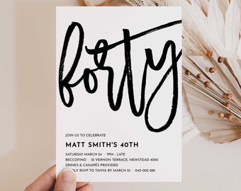 Men's 40th Birthday Invitation Template, Black and White, Simple (Editable Template)