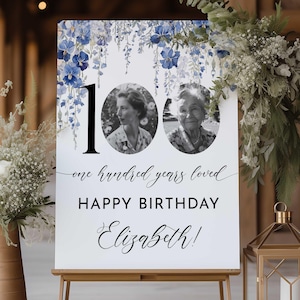 100 Jahre geliebt Zeichen, 100. Geburtstag Willkommensschild, blaues Blumen 100. Willkommensschild mit Foto, Dekorationen zum 100. Geburtstag