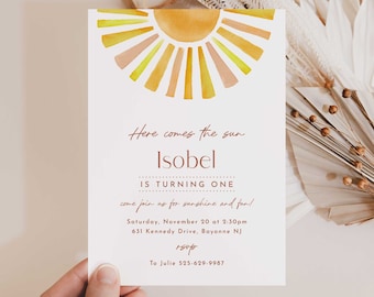 Sun Birthday Invitation, First Trip Around the Sun, Here comes the Sun 1st Birthday Invite, Sunshine Birthday, Welcome, Editable, Milestone