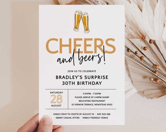 Cheers and Beers 30th Birthday Invitation, Editable Template (Digital Download)