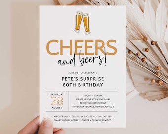 Cheers and Beers 60th Birthday Invitation, Editable Template (Digital Download)
