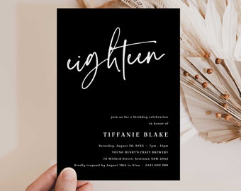 18th Birthday Invitation Template Black and White, Minimalist 18th Birthday Party Invites, Modern 18th Invites, Editable, Instant Download