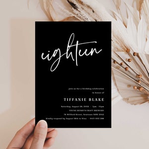 18th Birthday Invitation Template Black and White, Minimalist 18th Birthday Party Invites, Modern 18th Invites, Editable, Instant Download